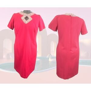 Vintage 60s Flamingo Pink Silver Crystal Detail Sheath Dress Size L